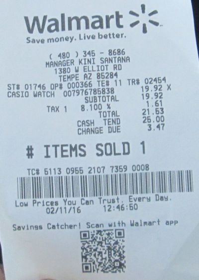 Casio F-105 watch I bought at Wal-Mart on Feb 11, 2016 for for $19.92 for a total of $21.63 after the city of Tempe, Arizona shook me down for $1.61 in taxes. 