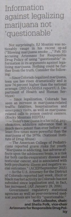 Sheila Polk continues to spread her lies about marijuana -  NIDA or National Institute of Drug Abuse - Feb 13, 2016 issue of the Arizona Republic - marijuana is addictive like heroin is absolute rubbish - War on Drugs - jobs program for police, cops, prosecutors, judges, probation officers