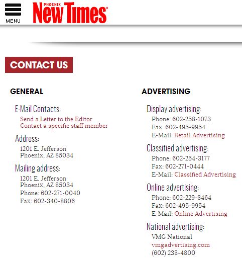 Contact info for display advertizing at the Phoenix New Times