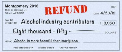 JP Holyoak, J.P. Holyoak, marijuana is safer then alcohol - $8000, $8050, $8,050, $8,000 check - Bill Montgomery Took Booze Cash - Maricopa County Attorney Bill Montgomery - Alcohol is more harmful then marijuana. Marijuana is safer then alcohol  - eight thousand + fifty, eight thousand + 50  