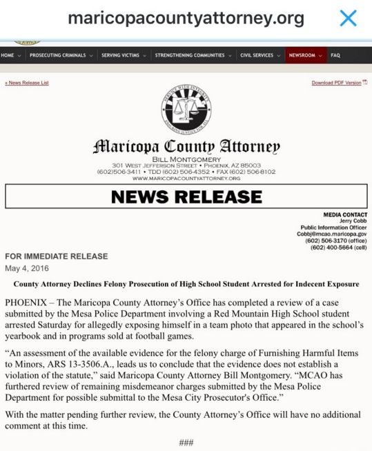 Mesa Police, Red Mountain High School, Maricopa County Attorney, Hunter Osborn, Bill Montgomery, 69 counts of indecent exposure, penis, dick, Red Mountain High football, Mesa Public Schools, Mesa Police spokesman Steve Berry, Steve Berry, Helen Hollands, Jerry Cobb, Mesa police spokesman Nik Rasheta, class 4 felony, furnishing harmful items to minors 
