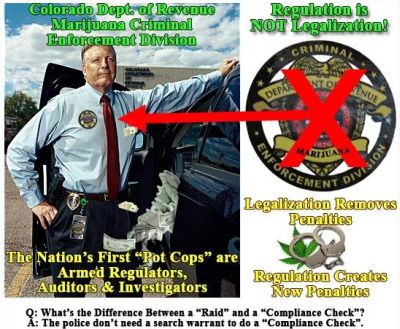 Regulation is NOT legalization - Colorado Department of Revenue Marijuana Criminal Enforcement Division - The nations first pot cops are armed regulators, auditors & investigators. - Q. - What's the difference between a raid and a compliance check? - A. - The police don't need a search warrant to do a compliance check