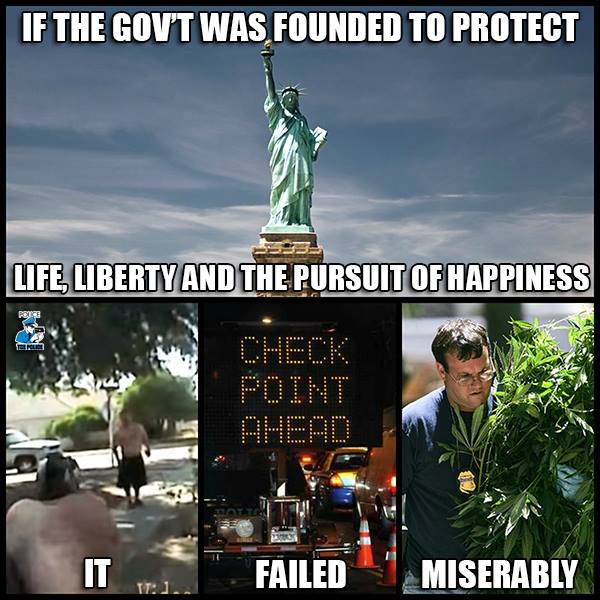 If government was founded to protect life, liberty and the pursuit of happiness, it has failed miserably. Lady Liberty, Statute of Liberty, police check point, police officer killing unarmed man, war on drugs, war on marijuana, police drug raid, police officers destroying marijuana plants.