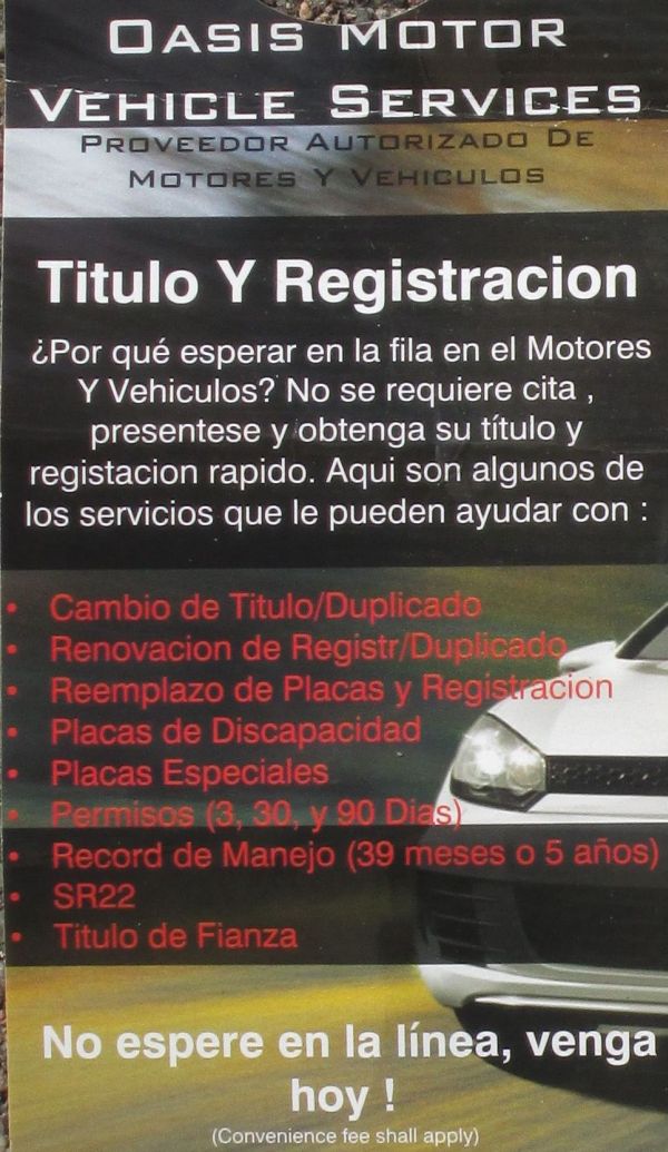 Good auto or car insuranse in Mesa for Mexicans, Latinos and Spanish speaking folks Oasis Motor Vehicle Services 30 N. Gilbert Road Gilbert & Main Mesa, AZ 85203 (480)385-0905 (480)964-5700 Fax Oasis Title Loans 30 N. Gilbert Road Gilbert & Main  Mesa, AZ  85203 (480)649-8001